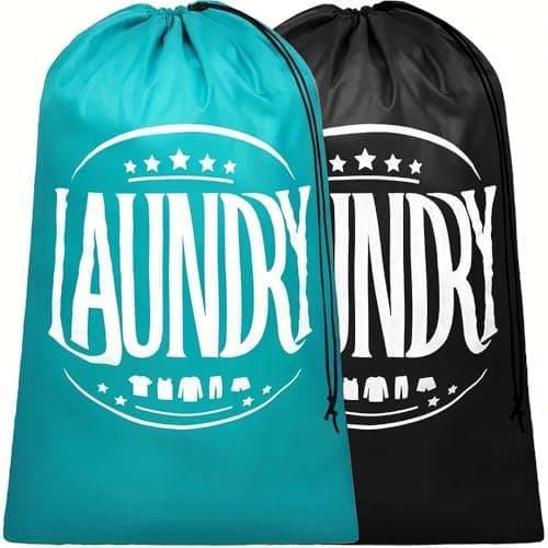 CJWLKJ 2-Pack XL Travel Laundry Bags, Machine Washable Dirty Clothes Organizer with Drawstring,Large Enough to Hold 4 Loads of Laundry, Easy Fit a Laundry Hamper or Basket(Sky Blue+Black, 24" x 36")