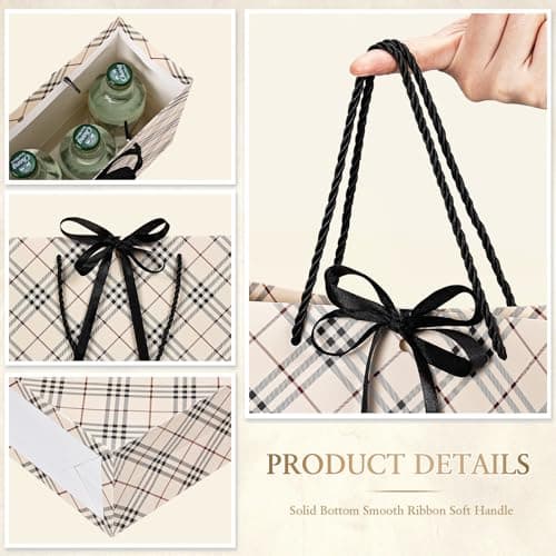 BBLIKE Paper Gift Bags for Presents - 2 Pcs Medium Brown Plaid Gift Bag with Bow Ribbon, Large Luxury Personalised Gift Bags with Handles for Wedding Christmas Birthday Valentines Party Favors — view 4