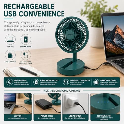 A2Z 6 Inch USB Desk Fan Foldable Mini Adjustable Tilt Angle Cooling Fan — view 6