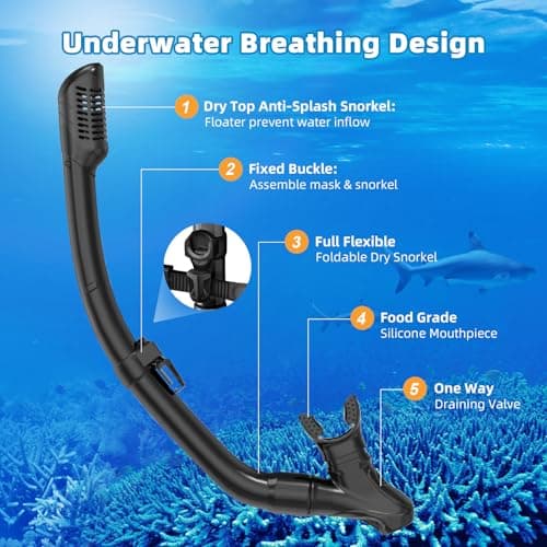 Honlanor Snorkel Set Adults Snorkeling Gear Anti-Leak and Anti-Fog Tempered Glass Lens Panoramic View Swim Mask Dry Top Snorkel Kit for Snorkeling Scuba Diving Swimming Travel with Carry Bag — view 5