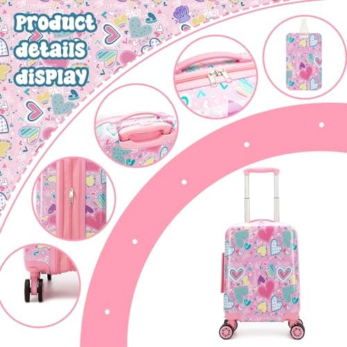 HTgroce 2 Pcs Children's Suitcase, Travel Suitcase for Children with Travel Pillow, Luggage Tag, Suitcase for Girls with Universal Wheels, A-pink Heart, M — view 3