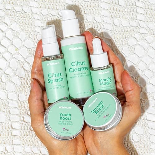 WildMint Mini 5-Step Clear Skin Gift Set | Travel Size Cleanser, Toner, Serum, Face Oil, Moisturiser & Bag | Gifts for Mum, Friends & Daughter | Natural Skincare UK Dark Spots & Dryness (Travel-Size) — view 2