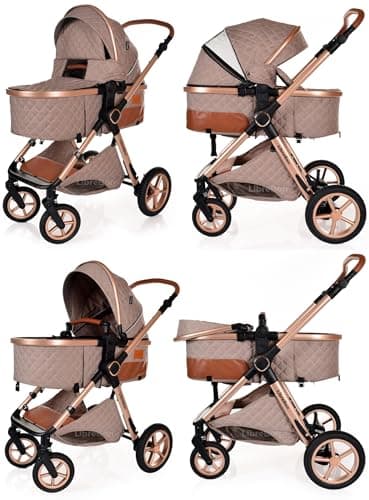 Baby Pram Pushchair Buggy with Car Seat Lightweight Stroller Folding Strollers 3 in1 Travel System Baby Trolley Pram for Newborns Toddlers from Birth (Beige - Rose Gold Frame) — view 3