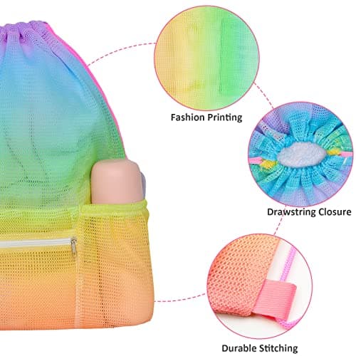 Nidoul Mesh Drawstring Bag with Zipper Pocket, Beach Bag for Swimming Gear Backpack Gym Storage Bag for Adult Kids, Rainbow — view 6