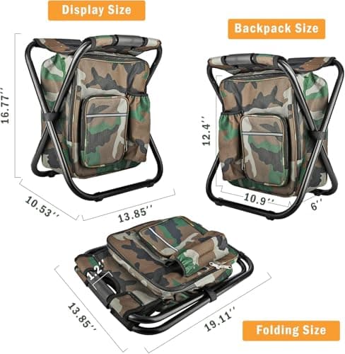 Kikerike Folding Stool Backpack Insulated Cooler Bag, Collapsible Camping Hunting Fishing Multifunction Chair with Front Pocket and Bottle Pocket for Outdoor Events, Hiking, Travel, Beach — view 2
