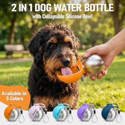 2 in 1 Portable Dog Water Bottle, Stainless Steel Pet Water Dispenser with Foldable Silicone Bowl for Walks Hiking & Travel, 285ML Pet Water Bottle for Small Dogs, Orange — view 4