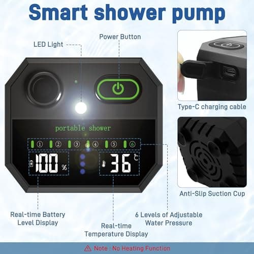 Sumloty Portable Camping Shower, 6000mAh Rechargeable Portable Shower Pump with LED Temperature Display, IPX8 Camp Shower, 6 Water Pressure Levels for Camping, Hiking, Pet Bath & Car Wash — view 3