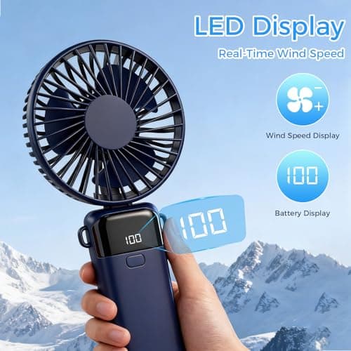 CNMTCCO Handheld Fan, Rechargeable Portable Fan with LED Display, 5 Speeds Mini Fan 90-Degree Foldable Hand Fan, USB Desk Fan for Home Office Bedroom Outdoor Travel (Blue) — view 4