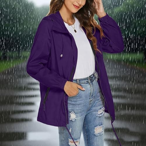 Waterproof Jacket Womens Packaway Rain Coat with Zip Pocket Outdoor Lightweight Softshell Sport Jacket Windproof Windbreak Hiking Jackets Casual Hooded Raincoats Rainproof Coats — view 2
