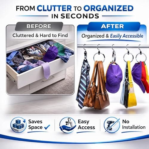 Multipurpose Closet Hanger - 2-Pack | Multi Hangers Saving Space for Clothes Hangers | Metal Hangers for Belts, Bags, Ties, Baseball Caps, Scarves, Jewelry | Heavy Duty Hanging Wardrobe Organiser — view 6