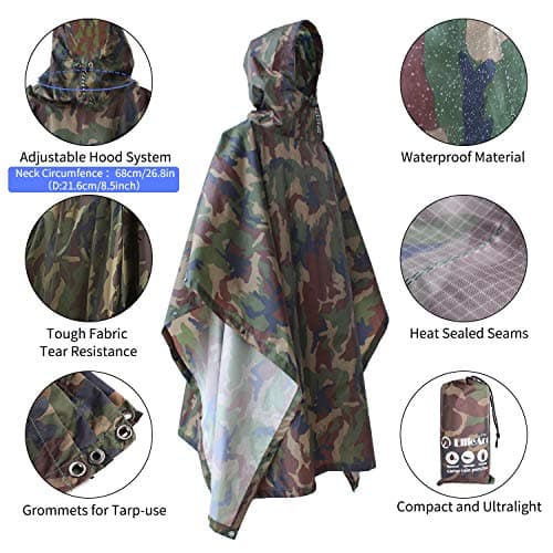 ElifeAcc Waterproof Poncho Multifunctional Rain Poncho Adult Waterproof for Outdoor Activities(Upgrade Lightweight-Camo Army Green) — view 3