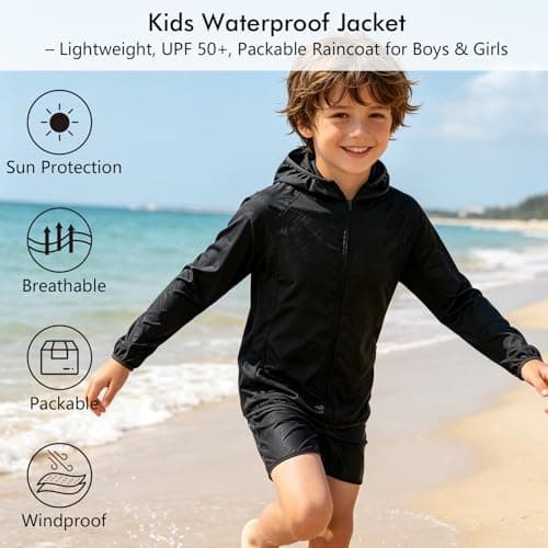 Kids Waterproof Jacket – Lightweight Packable Raincoat for Boys & Girls, UPF 50+ Sun Protection with Carry Pouch – Ideal for Hiking, Camping & School (UK, Age, 6 Years, 7 Years, Regular, Black) — view 6