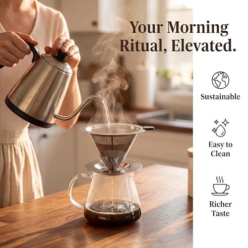 Reusable Pour Over Coffee Dripper Stainless Steel Coffee Filter Paperless Mesh Cone Cup Reusable Coffees Filters Slow Drip with Cleaning Brushand and Spoon for Single Cup Brew Coffees Maker — view 5