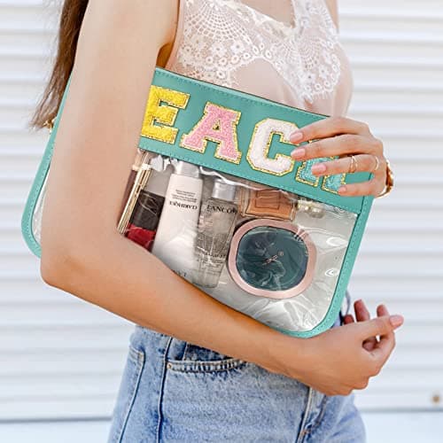 Chenille Letter Clear Zipper Flat Pouch Transparent Waterproof Stuff Cosmetic Bags Travel Makeup Bag with Zipper Toiletry Bag with Preppy Patch for Women & Children, Travel, Gym, Beach — view 5