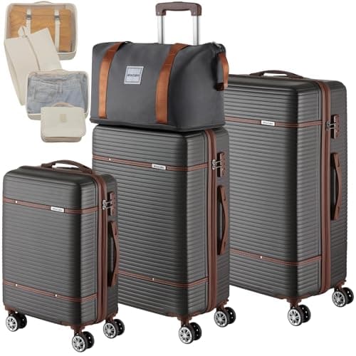 tectake® 13-Piece Suitcase Set, ABS Hard-Shell Luggage Set with Telescopic Handles, TSA Locks, 360° Wheels, Incl. M, L & XL Suitcase, Expandable Travel Bag, Toiletry Bag & 8 Packing Cubes - Anthracite