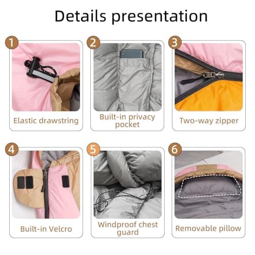 HLITMOUT Down Sleeping Bag with Pillow for Adults and Youth (Pink, Regular) — view 4
