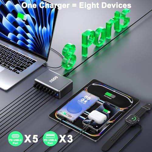 USB C Charging Station 600W GaN, 8-port Multiple ports USB C Fast Charger Hub with 5 USB-C + 3 USB-A, PD140W power supply Multi Charger compatible with laptop/MacBook/iPhone 15/16/Galaxy S24/S25 — view 4
