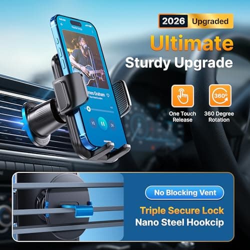 PORTENTUM Car phone holder air vent with hook – New 2026 version – Triple lock system – 360° Adjustable rotation – Compatible with any phone 4–7.5" — view 3
