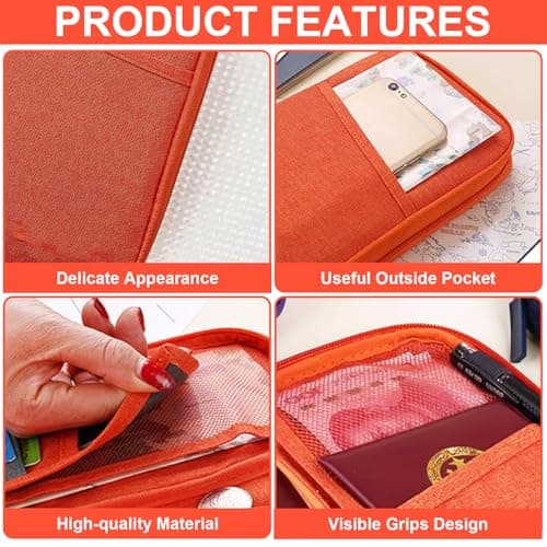 Passport Holder Travel Wallet, Large Capacity Travel Document Holder, RFID Blocking Waterproof Portable Travel Wallet Organiser for Cash Passport ID Card Credit Cards Flight Ticket Pen (Orange) — view 3