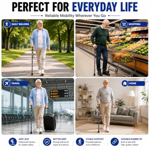 Folding Walking Stick Floral Print Lightweight Cane with T Handle Blue — view 6