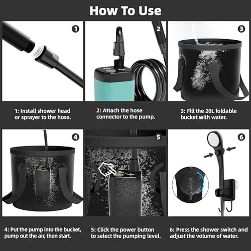 Mytrix Upgraded Portable Camping Shower Full Set, 6000mAh Rechargeable Power Suction Pump with Smart Display, Multi-Modes Spray Head & 5 Gal Water Foldable Bucket for Outdoor Travel Hiking, Blue — view 4
