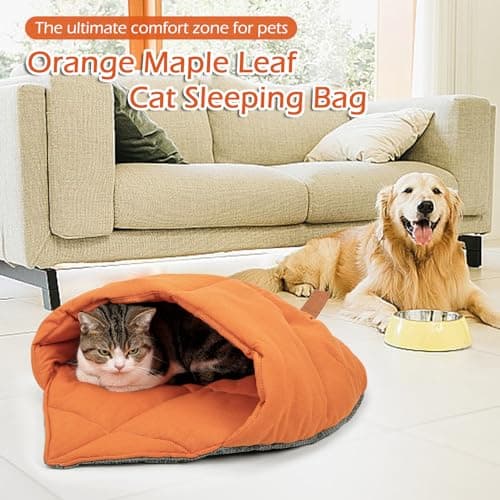 TANGN Cat Sleeping Bag, Linen Fabric Bed Cave Leaf Nest Pet Cuddle Zone Covered Hide Hood Burrowing Cozy Soft Durable Washable with Non-Slip Bottom for Indoor Puppy and Kitten (Orange) — view 6
