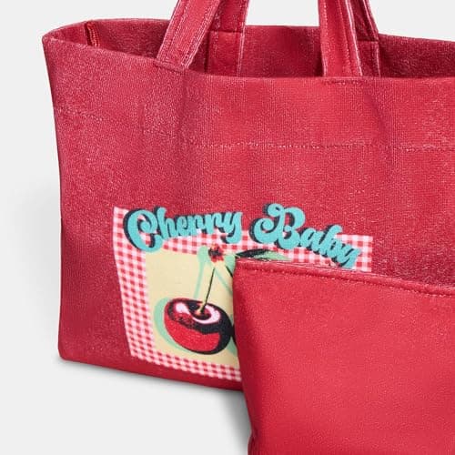 OHS Large Beach Bags for Women, Cherry Baby Slogan Beach Tote Bag with Matching Zip Pouch Waterproof Lining Reusable Grocery Bags for Women Travelling Shopping Pool, Red — view 4