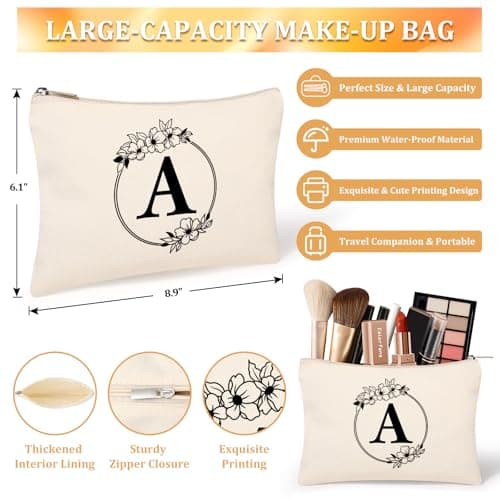 Tecanne Personalised Initial Canvas Tote Bag and Makeup Bag Set, 26 Letters Monogrammed Cotton Reusable Bags for Beach Travel Work School, Gift for Women Mum Teachers Nurses (A) — view 4