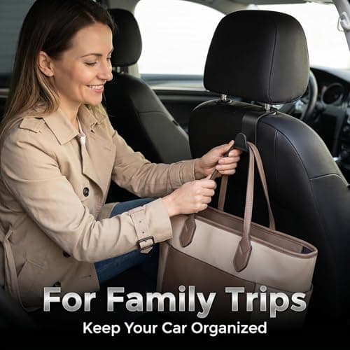 Car Seat Headrest Hooks, Universal Back Seat Hanger, Heavy Duty Storage Organiser for Handbags, Purses & Grocery Bags, Black, 4 Pack — view 5