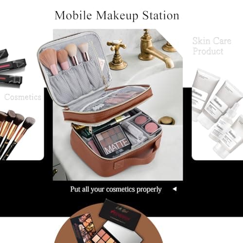 Joligrace Double Layer Makeup Bag Cosmetic Case Vanity Travel Beauty Box Make Up Train Case Hairdressing Tools Organiser with Adjustable Compartment, Brown — view 3
