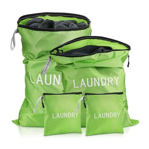 TranRantic 4Pcs Travel Laundry Bag, Waterproof Laundry Bag Dirty Clothes, 3 Sizes Wet Bags for Swimming Yoga Workout, Foldable Laundry Bags for Travelling Family Vacation (Green)