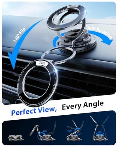 Glangeh Magnetic Phone Holder for Cars All Metal, [95LBS Powerful Vacuum+Gel Sucker] Car Phone Holder, 360° Adjustable for Magsafe Car Mount with Metal Ring for iPhone Series & Android — view 6