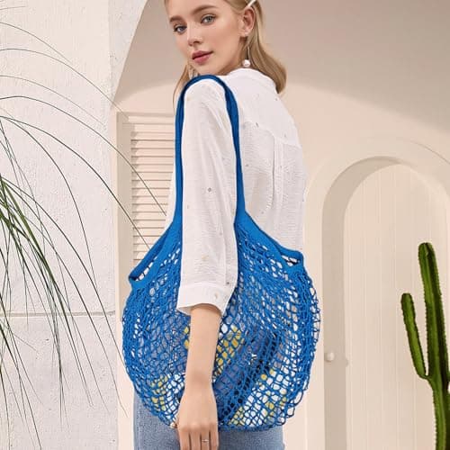 AfitLulu Mesh Beach Bags for Women, Cotton Mesh Bag Large Tote Bag Reusable Shopping Bag Beach Tote Bag with Handle, Mesh Bags for Shopping Travel Vacations (White) — view 5