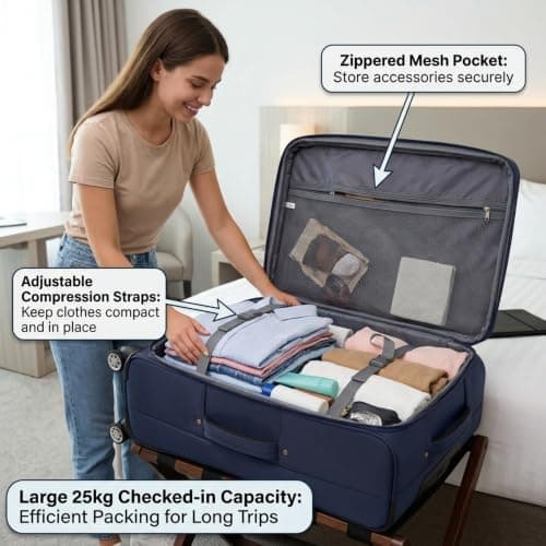 DK Luggage Ultra Lightweight Only 3.3kg Large 28 Inch Soft Shell Suitcase, 4 Wheel Spinner Checked Luggage 23kg–25kg Capacity, Expandable Travel Case (WLS Navy, Large) — view 5