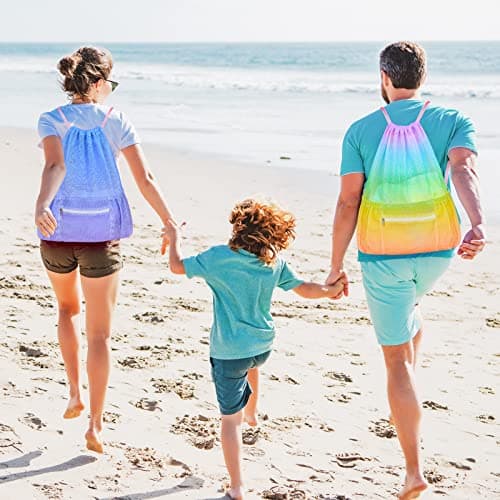 Nidoul Mesh Drawstring Bag with Zipper Pocket, Beach Bag for Swimming Gear Backpack Gym Storage Bag for Adult Kids, Rainbow — view 4