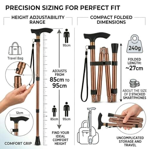 Adjustable Foldable Walking Stick for Men & Women | Lightweight, Ergonomic Cane | Collapsible & Portable Mobility Aid with Non-Slip Base & Wrist Strap | Ideal for Elderly & Travel - 85-95cm Height — view 4