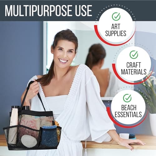 Masirs Shower Caddy Mesh - 9 Pocket Portable Bathroom Organizer Tote for Travel, Gym & Dorm - Collapsible Small Shower Caddy Bag to Hold Toiletries & Essentials (Black) — view 4