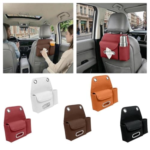Car Seat Back Organizer with Tissue Box Cup Holder Leather Backseat Pocket Headrest Mounted Travel Caddy Rear Passenger Essentials Road Trip Interior Accessory for Suv Truck Vehicle，A — view 2