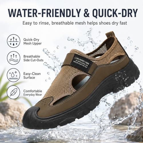 Hixingo Men's Sandals Closed Toe Wide Fit Size 7.5-10.5 UK Leather Sandals for Men Summer Beach Slippers Lightweight Adjustable Strap Non-Slip Sole for Walking Pool holiday (Khaki,8) — view 2