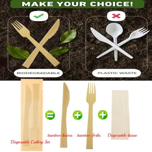 10Pack Luxury Individually Wrapped Disposable Cutlery Set; Each Includes Dinner Knives Forks Tissue; Eco-Friendly Wooden Guest Disposable Utensils for Party, Camping, Traveling, Family Dinners — view 2