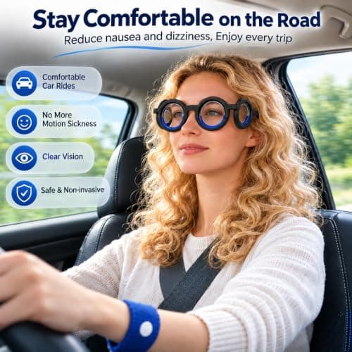 PCIQUTE Motion Sickness Glasses for Adults - 2 Pack Black Anti Nausea Travel Glasses with 2 Pairs Sickness Bands (1 Black + 1 White), Foldable Seasickness Car Sickness Relief for Travel, Plane, Boat — view 2