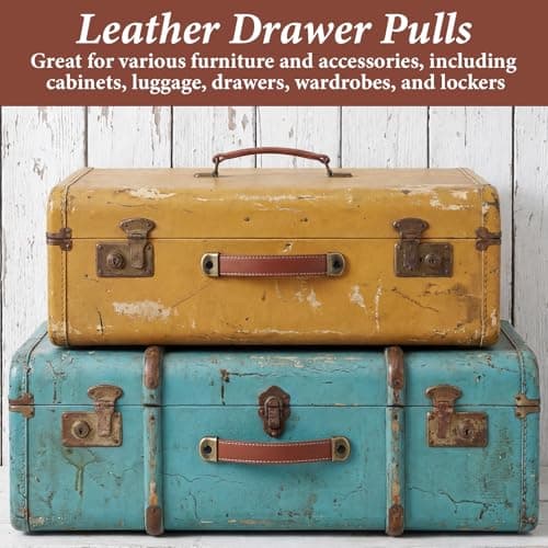 Larrel 2 Pcs Leather Drawer Pulls, Brown Leather Strap Handles with 4 Pcs Mounting Screws, Lightweight Leathers Luggage Handle for Trunk Suitcase Luggage Dresser Door — view 6