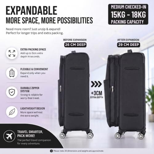 DK Luggage Ultra Lightweight Only 2.9kg Medium 24 Inch Soft Shell Suitcase, 4 Wheel Spinner, Checked Luggage, 15kg–20kg Capacity, Expandable Travel Case (WLS Black, Medium) — view 4