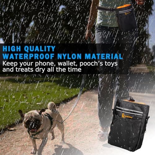lanktoo Dog Treat Pouch Bag with Poop Bag Holder, Waterproof Puppy Training Walking Bag W/Shoulder Strap, Waist Belt and Clip, Easily Carrying Dog Toys, Food (Black+Orange) — view 5