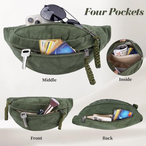 Aucuu Corduroy Waist Bag, Corduroy Bumbag, Women's Shoulder Bag, Belt Bags, Fashion Sports Chest Bags with Adjustable Shoulder Straps, Waist Pack for Daily Use, Outdoor Sports, Hiking, Travel（Green） — view 4