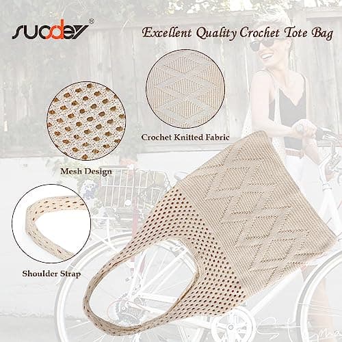 SUOSDEY Crochet Mesh Beach Tote Bag, Summer Vacation Aesthetic Knit Boho Shoulder Bag for Women light beige — view 3