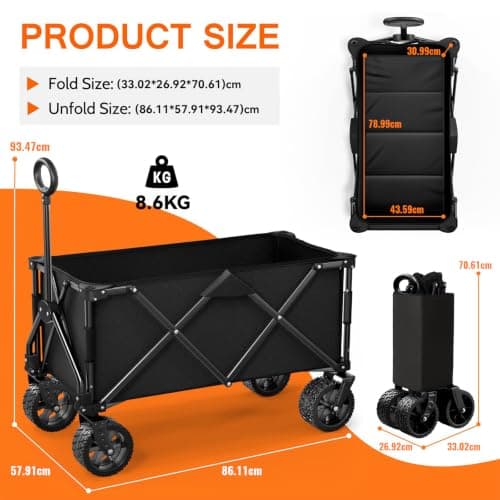 180L Festival Trolley on Wheels, 150KG Heavy Duty Foldable Collapsible Wagon, All-Terrain Wide Sand Wheels, Pull Along Utility Cart for UK Festivals, Beach, Garden, Camping & Weekly Shopping, Black — view 2