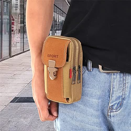 LAXIAY Men's Mobile Phone Sports Bag,Canvas Belt Bag Phone Wallet Purse,Outdoor Sports Bum Pouch Casual Mobile Phone Pocket (Khaki,B) — view 3