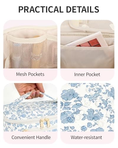 Travel Makeup Bag Quilted Fabric Large Cosmetic Bag with Brush Compartment, Blue Flower — view 4