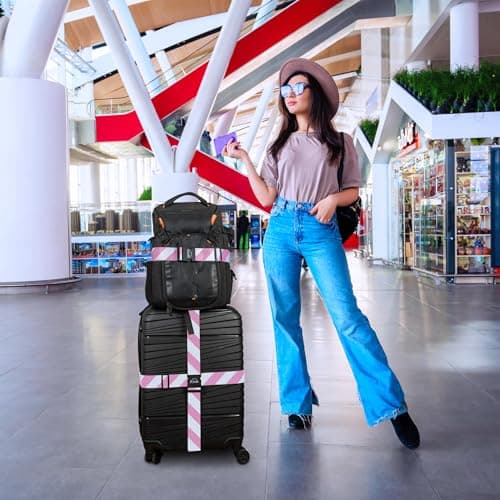 Adjustable Luggage Straps for Secure Travel,TSA Approved Heavy Duty Suitcase Belts with Quick-Release Buckle, Durable Travel Straps for Luggage Protection and Easy Identification 3 Pack (White Pink) — view 5